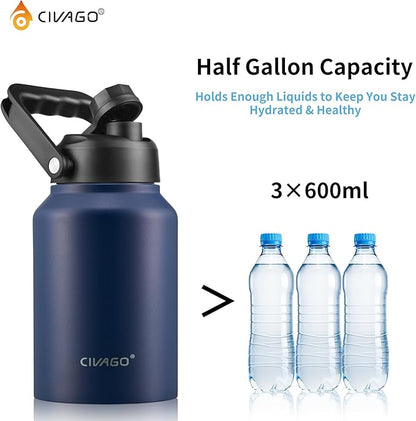 CIVAGO Half Gallon Insulated Water Bottle Jug with Straw, 64 oz Large Stainless Steel Sports Metal Water Flask with Handle, Big Thermal Water Cup Mug with 2 Lids for Camping & Fishing, Indigo Black