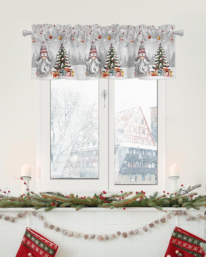 Christmas Gnome Valance Curtains for Kitchen Windows Winter Merry Christmas Tree Balls Rod Pocket Window Treatment Toppers for Kitchen/Living Room/Bedroom/Bathroom, 42" X 12", Grey
