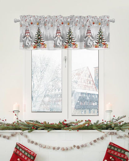 Christmas Gnome Valance Curtains for Kitchen Windows Winter Merry Christmas Tree Balls Rod Pocket Window Treatment Toppers for Kitchen/Living Room/Bedroom/Bathroom, 42" X 12", Grey