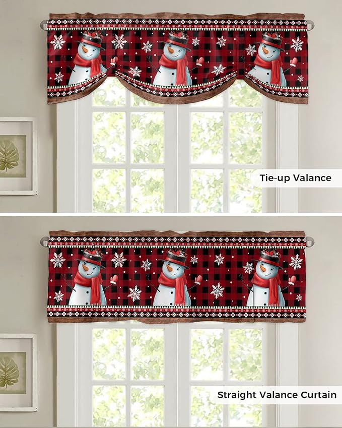 Christmas Blackout Tie Up Valance Curtains for Kitchen Windows Funny Snowman Snowflake Window Toppers Balloon Shades for Living Room/Bathroom/Bedroom,1 Panel,42" X 18" Red Farmhouse