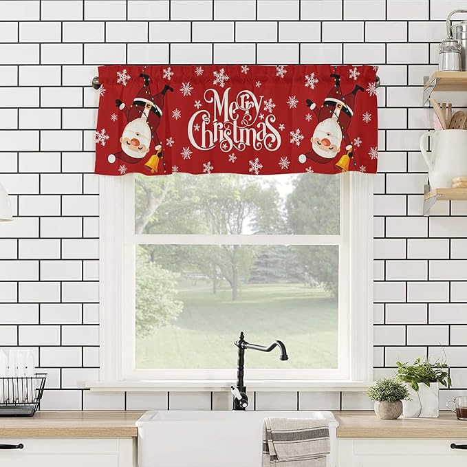 Red Merry Christmas Valance Curtains for Kitchen Windows Funny Hanging Santa Rod Pocket Window Treatment Toppers for Kitchen/Living Room/Bedroom/Bathroom, 54" X 18", Snow Winter Holiday