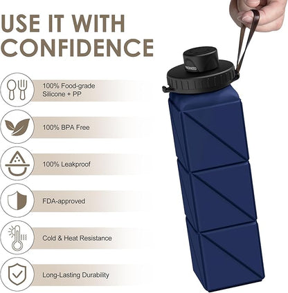 INNERNEED Collapsible Water Bottle, Reuseable BPA Free Silicone Foldable Water Bottles for Travel Gym Camping Hiking, 20.6 fl.oz, Portable, Food-Grade, Leak Proof (1 Pack, Dark Blue)