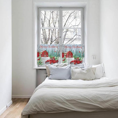 Red Truck Christmas Kitchen Curtains and Valances Set, Merry Christmas Farmhouse Windows Treatments Tiers Half/Short Curtains for Small Windows Cafe /Living Room/ Bedroom 54x24 in Winter Xmas Tree