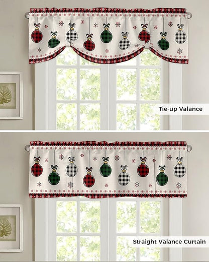 Christmas Blackout Tie Up Valance Curtains for Kitchen Windows Vintage Buffalo Plaid Christmas Balls Window Toppers Balloon Shades for Living Room/Bathroom/Bedroom,1 Panel,54" X 18" Farmhouse