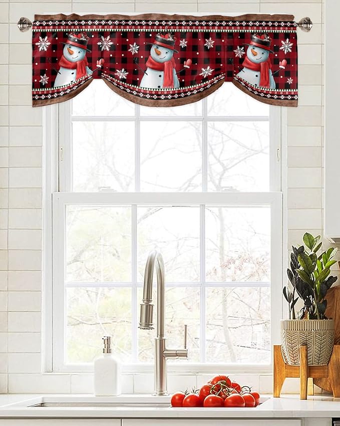Christmas Blackout Tie Up Valance Curtains for Kitchen Windows Funny Snowman Snowflake Window Toppers Balloon Shades for Living Room/Bathroom/Bedroom,1 Panel,42" X 18" Red Farmhouse