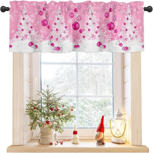 Pink Christmas Valance Curtains for Kitchen Windows White Xmas Tree Snowflakes Pink Balls Rod Pocket Window Treatment Toppers for Kitchen/Living Room/Bedroom/Bathroom, 60" X 18", Winter