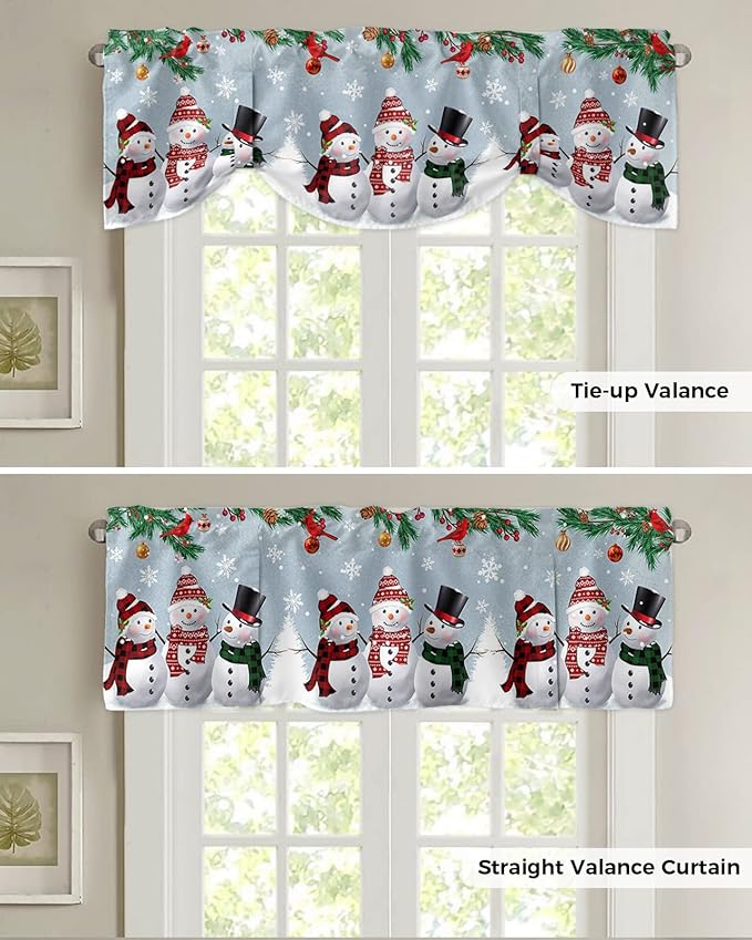 Christmas Blackout Tie Up Valance Curtains for Kitchen Windows Snowman Cardinal Window Toppers Balloon Shades for Living Room/Bathroom/Bedroom,1 Panel,60" X 18" Bluish Grey Winter Holiday