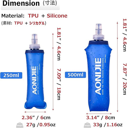 Azarxis Soft Flask Collapsible Water Bottle Running Soft Gel Flask Reservoir Handheld Folding TPU 250 500ml for Hydration Pack Hiking Cycling Climbing (250ml/8.45oz - 2 Pack)