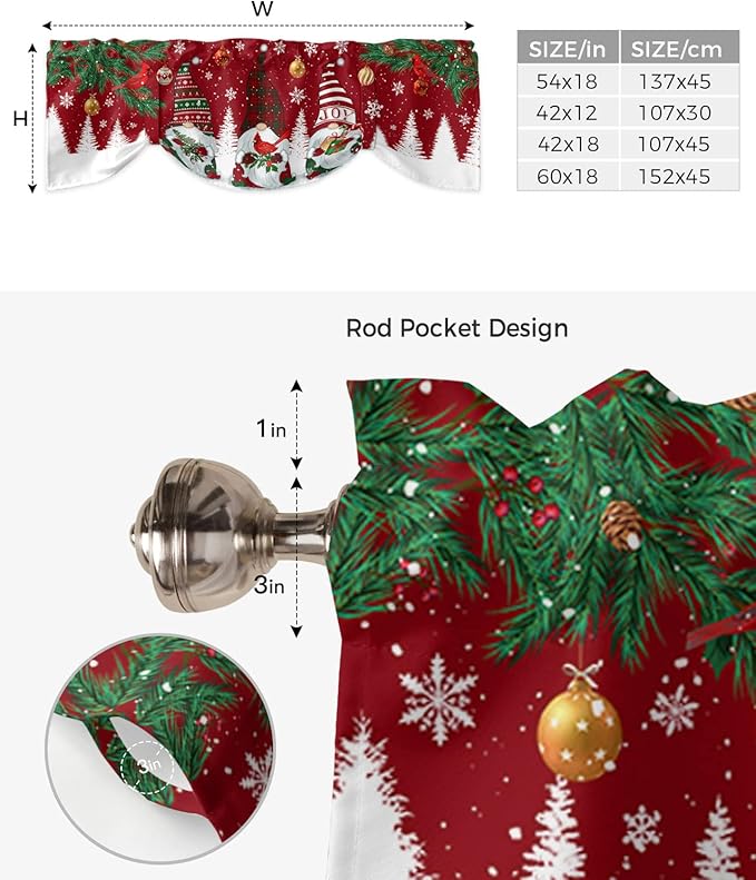 Christmas Gnomes Blackout Tie Up Valance Curtains for Kitchen Windows Red Winter Holidays Window Toppers Balloon Shades for Living Room/Bathroom/Bedroom,1 Panel,42" X 12" White Snowflakes Xmas Trees