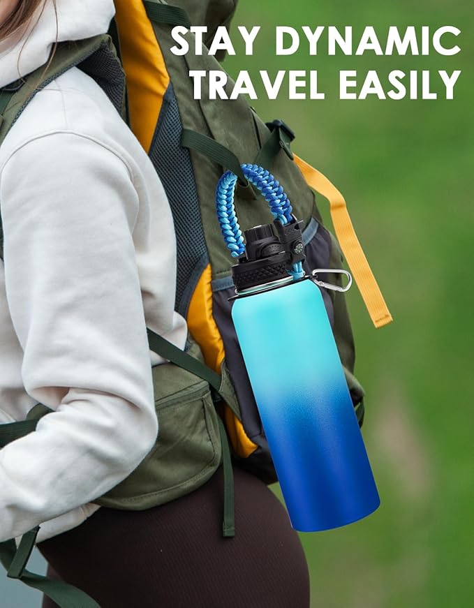 40 64 OZ Insulated Water Bottles with Straw - Keep Cold-48H Hot-24H, Metal Flask Reusable Water Bottle 40oz, Vacuum Thermal Mug with Strap Pouch & Paracord Handle for Sports Hiking Cycling Running