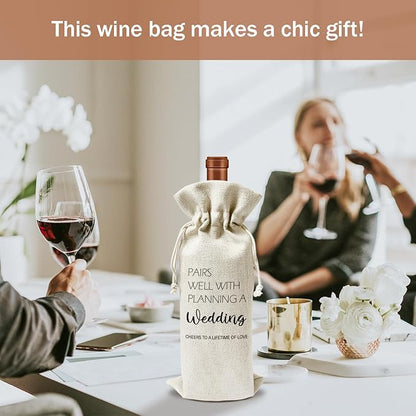 Engagement Wine Gift Bag, Engagement Gifts for Couples Newly Engaged, 1pcs Well with Wedding Planning Reusable Burlap Drawstring Wine Gifts Bag for Wine Bottles, Wedding Holiday Party Favor -09