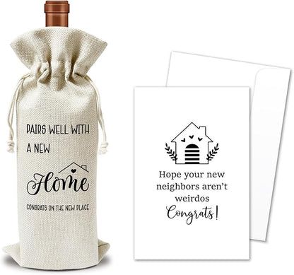 Housewarming Wine Gift Bags & Card, First New Home House Gifts for Women Men Wife Husband Friend Home Owner, 1 pcs Reusable Burlap Wine Gift Bags for Wine Bottles, Housewarming Party Decor Favor -35