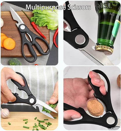 Magicorange 7-Piece Kitchen Knife Set - 5 Black Stainless Steel Knives with Sheaths, Cutting Board, and a Knife Block- Stainless Steel Kitchen Knives with PP Ergonomic Handle (Black)