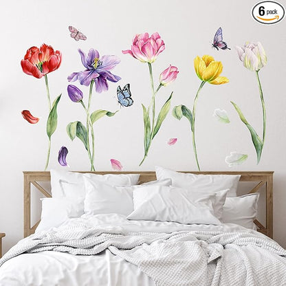 Zonon Flowers Wall Decals Vinyl Dragonflies Flowers Wall Stickers Removable Floral Wall Murals Peel and Stick Colorful Flower Wall Decor for Bedroom Living Room Nursery(Tulip)