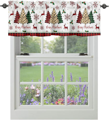 Merry Christmas Kitchen Curtains Valances for Windows Farm Christmas Tree Buffalo Plaid Leopard Rod Pocket Window Treatment for Kitchen/Living Room/Bedroom/Bathroom,42" X 12" -1 Panel, Holiday Decor