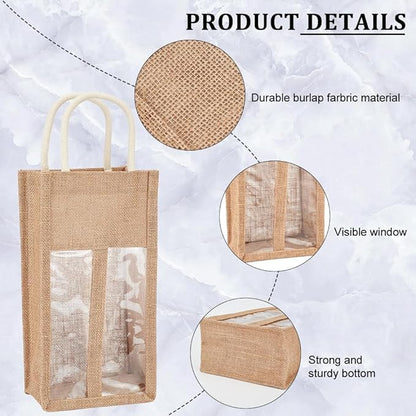 BENECREAT 3 Packs Burlap Wine Bottle Bag Jute Wine Tote Gift Bag with 2 Clear Window and Handle for Wedding Birthday Festivals Souvenir Packaging Wine Gift Packaging (Double Bottles)