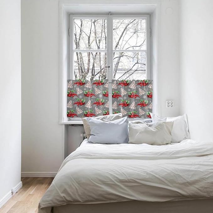 Red Truck Christmas Kitchen Curtains and Valances Set, Merry Christmas Tree Windows Treatments Tiers Half/Short Curtains for Small Windows Cafe /Living Room/ Bedroom 54x24 in Winter Snowflake Grey