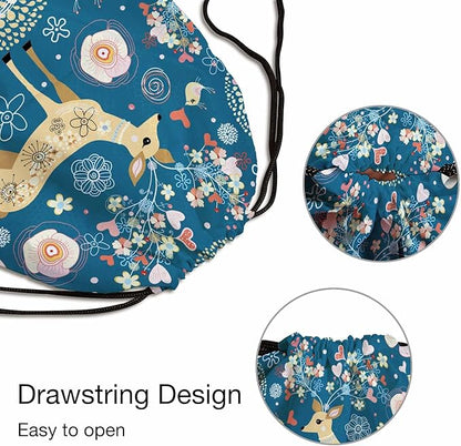 Drawstring Bag Fabulous Deer Waterproof Basketball Bag Wear Pearl Necklace Beautiful Flower Cute Birds Stroage Small Exercise Accessiors Water Bottle Change of Clothes Shoes Ball