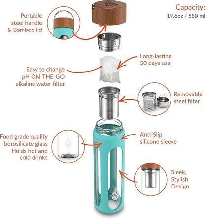 Invigorated Water pH Hydrate Glass Alkaline Water Bottle - Portable Filtered Water Bottle - Water Bottle Filter - Increase pH (400 ml) - Alkaline Water Bottle with Filter - Glass Water Bottle Filter