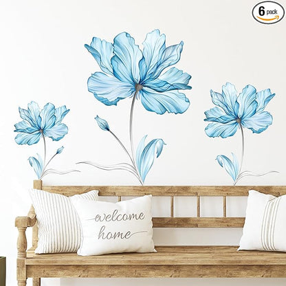 Zonon Flowers Wall Decals Vinyl Dragonflies Flowers Wall Stickers Removable Floral Wall Murals Peel and Stick Colorful Flower Wall Decor for Bedroom Living Room Nursery(Blue Flower)