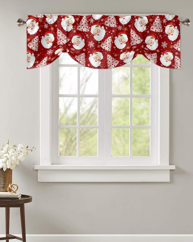 Red Christmas Blackout Tie Up Valance Curtains for Kitchen Windows Santa Claus Merry Christmas Tree Window Toppers Balloon Shades for Living Room/Bathroom/Bedroom,1 Panel, 42" X 12", Winter Snowflake
