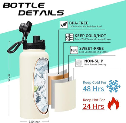 Insulated Water Bottle - 32oz 40oz 64oz Water Bottles with Straw & Spout Lids, Carrier Bag, Paracord Handle and Flask Boot, Reusable Stainless Steel Water Bottle, Metal Canteen Mug for Work Sports