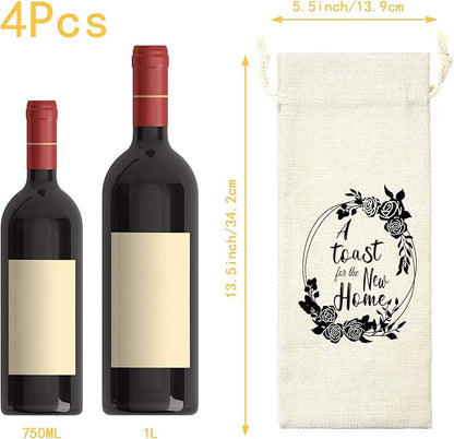 PLIGREAT 4 Pcs Cotton Linen Wine Bags, Reusable Wine Gift Bags with Drawstrings, Wine Bottle Wrap Bags Bulk Congrats Gifts Bags for Housewarming Party Thanksgiving Christmas Gifts Bags