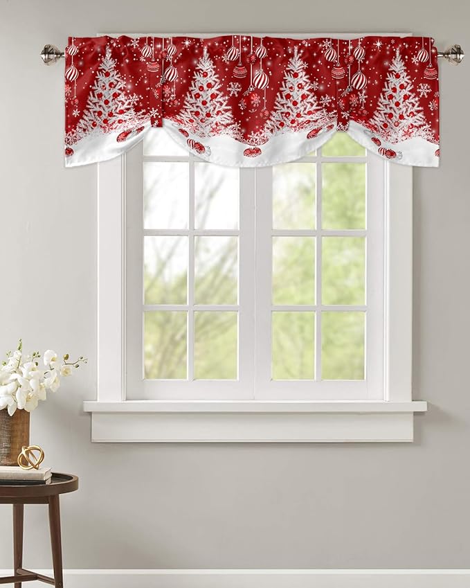 Red Christmas Blackout Tie Up Valance Curtains for Kitchen Windows White Xmas Tree Snowflakes Red Balls Window Toppers Balloon Shades for Living Room/Bathroom/Bedroom,1 Panel, 54" X 18", Winter