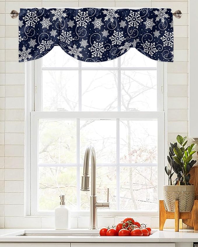 Christmas Blackout Tie Up Valance Curtains for Kitchen Windows White Navy Snowflakes Pattern Window Toppers Balloon Shades for Living Room/Bathroom/Bedroom,1 Panel, 60" X 18", Winter