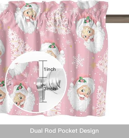 Pink Christmas Valance Curtains for Kitchen Windows Santa Claus Merry Christmas Tree Rod Pocket Window Treatment Toppers for Kitchen/Living Room/Bedroom/Bathroom, 54" X 18", Winter Snowflake