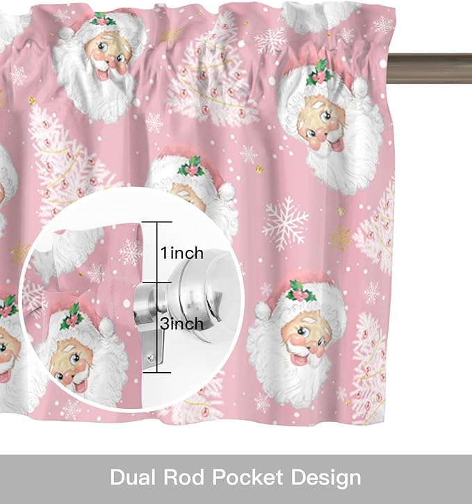 Pink Christmas Kitchen Curtains and Valances Set, Santa Claus Merry Christmas Tree Windows Treatments Tiers Half/Short Curtains for Small Windows Cafe/Living Room/Bedroom 54x24 in Winter Snowflake