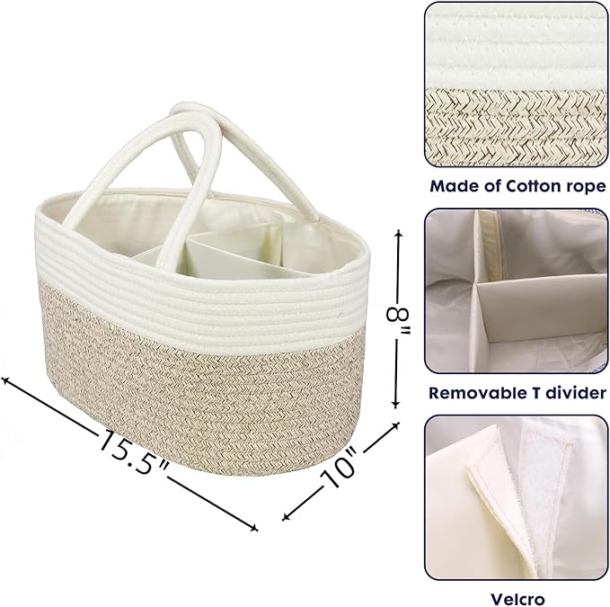 Large Baby Diaper Caddy Organizer for Girl Boy Rope Nursery Storage Bin Basket Portable Holder Tote Bag for Changing Table Car Travel Baby Shower Gifts Newborn Registry Must Haves White and Brown