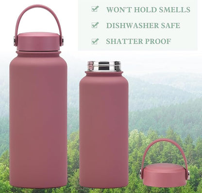 Smoky Pink 32 OZ Insulated Water Bottle, Large Metal Insulated Stainless Steel Water Flask, Big Sports Travel Water Bottle with 2 Lids, Insulated Thermos Thermal Mug Cup