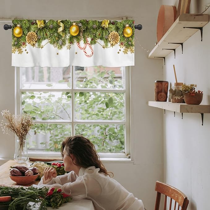 Christmas Kitchen Curtains Valances for Windows Pine Cones Rod Pocket Window Treatment for Kitchen/Living Room/Bedroom/Bathroom,42" X 18" -1 Panel, Golden Ornament Balls