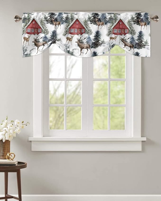 Christmas Blackout Tie Up Valance Curtains for Kitchen Windows Red Farmhouse Barn Window Toppers Balloon Shades for Living Room/Bathroom/Bedroom,1 Panel,54" X 18" Elk
