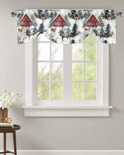 Christmas Blackout Tie Up Valance Curtains for Kitchen Windows Red Farmhouse Barn Window Toppers Balloon Shades for Living Room/Bathroom/Bedroom,1 Panel,54" X 18" Elk
