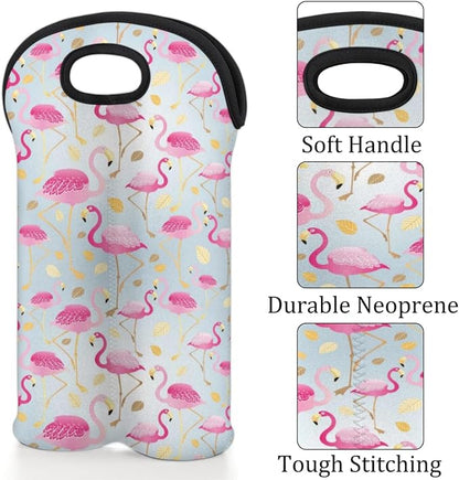Pink Flamingo 2-Bottle Wine Gift Tote Carrier Gold Leaves Neoprene Wine Tote Bags Holder Cooler Wine Gift for Women Men