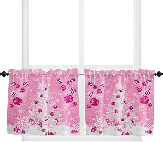 Pink Christmas Kitchen Curtains and Valances Set, White Xmas Tree Snowflakes Pink Balls Windows Treatments Tiers Half/Short Curtains for Small Windows Cafe /Living Room/ Bedroom 54x24 in Winter