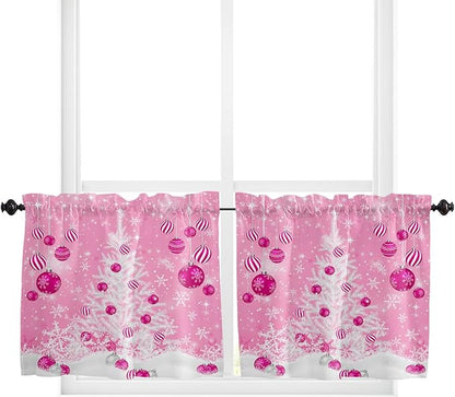 Pink Christmas Kitchen Curtains and Valances Set, White Xmas Tree Snowflakes Pink Balls Windows Treatments Tiers Half/Short Curtains for Small Windows Cafe /Living Room/ Bedroom 54x24 in Winter