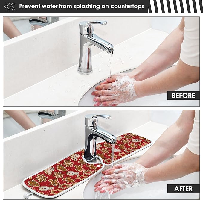 Christmas Red Gingerbread Man Faucet Sink Mat for Kitchen 2 Pack Winter Snowflake Xmas Tree Bathroom Drying Mat Absorbent Splash Water Catcher Mats Microfiber Cloth Drip Protector Splash Pad 30x5