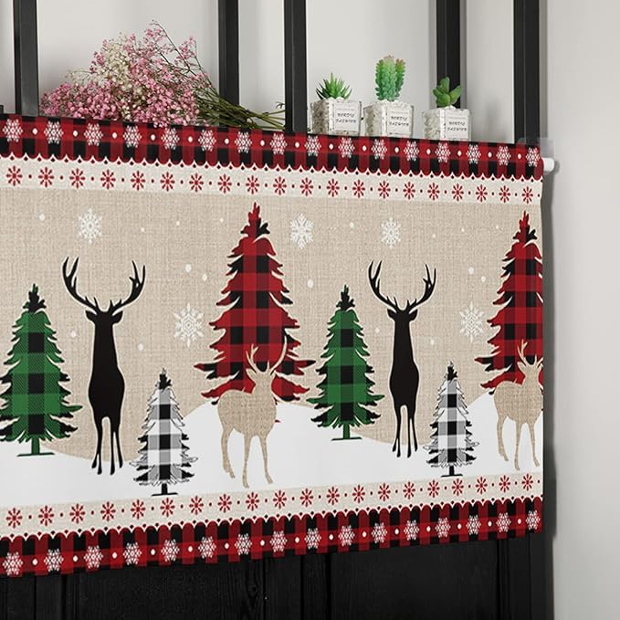 Farmhouse Christmas Kitchen Curtains Valances for Windows Rustic Plaid Christmas Tree Snowflakes Rod Pocket Short Curtain for Kitchen /Living Room/Bedroom/ Bathroom,42" X 12" -1 Panel, Red Green Black