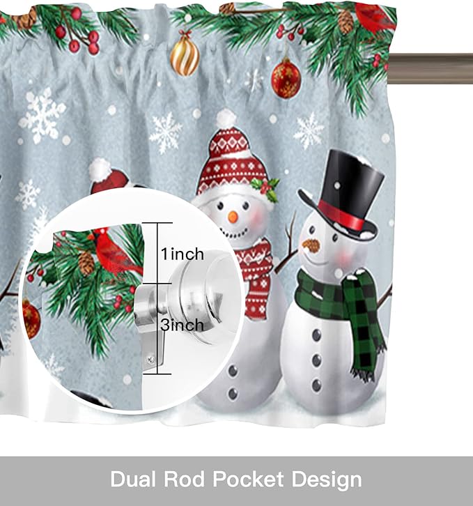 Christmas Kitchen Curtains Valances for Windows Snowman Cardinal Rod Pocket Window Treatment for Kitchen/Living Room/Bedroom/Bathroom,42" X 12" -1 Panel, Bluish Grey Winter Holiday