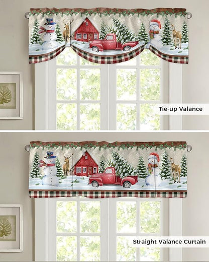 Christmas Farmhouse Blackout Tie Up Valance Curtains for Kitchen Windows Snowman Farm Red Truck Window Toppers Balloon Shades for Living Room/Bathroom/Bedroom,1 Panel,42" X 12" Winter Holiday