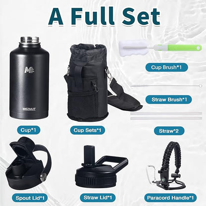 Insulated Water Bottle 64oz with Straw & Spout Lids,Half Gallon Stainless Steel Water Flask Jug with Paracord Handle,Double-wall Insulated Metal Water Bottle for Sports Camping Hiking Trip