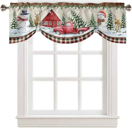 Christmas Farmhouse Blackout Tie Up Valance Curtains for Kitchen Windows Snowman Farm Red Truck Window Toppers Balloon Shades for Living Room/Bathroom/Bedroom,1 Panel,42" X 12" Winter Holiday