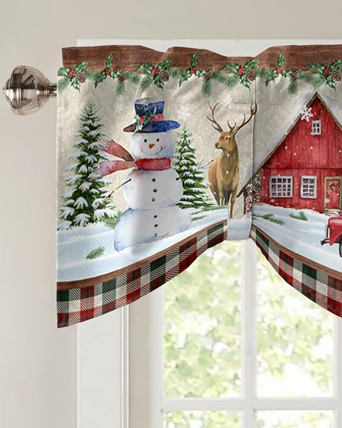Christmas Farmhouse Blackout Tie Up Valance Curtains for Kitchen Windows Snowman Farm Red Truck Window Toppers Balloon Shades for Living Room/Bathroom/Bedroom,1 Panel,42" X 12" Winter Holiday