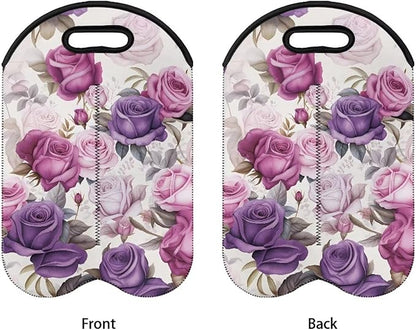 doginthehole 2 Bottle Wine Carrier Bag, Retro Purple Pink Rose Pattern Neoprene Wine Tote Bag with Handle, for Travel, Wine Tasting Party, Champagne/Beer/Drinks Carriers Bag for Wine Lover