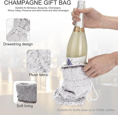 Wine Gift Bags Christmas Champagne Gift Bag for Engagement Wedding Birthday Wine Bottle Cover Decorative Fluffy Plush Drawstring Bag for 750ml Wine Bottles (Gray, 1 Pack)