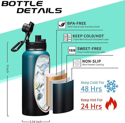 Vacuum Insulated Water Bottle 32oz - with Straw & Spout Lids, Paracord Handle, Shoulder Carrier Bag, Large Sport Stainless Steel Water Bottle, Double-wall Metal Water Bottle Thermal Hydro Mug Flask