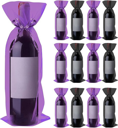 Megitzuu 20 Pieces Organza Wine Bags, 14.6 x 5.5 Inch Wine Gift Bag with Drawstring Sheer Mesh Wine Gift Pouches Bottle Covers for Halloween Christmas Wedding Party Favors (Black+Purple)